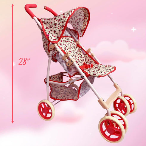 Baby Doll Stroller for Toddler Girls & Big Kids up to 8 Years - 28” Toy Stroller with Coral Floral Print