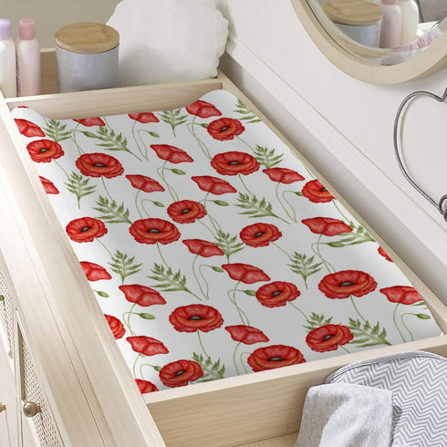 Boho Retro Poppy Flowers Leaves Changing Pad Covers - Fitted Diaper Change Table Sheet for Boy Girl, 32''x16''