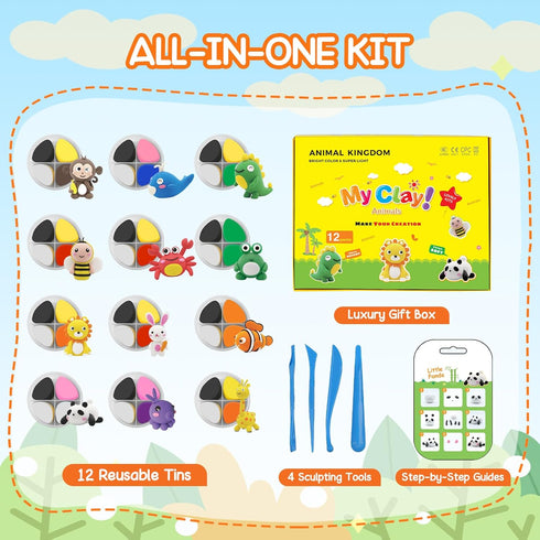 12 Air Dry Clay for Kids Air Clay Art Kits Box Animals Theme Air Dry Modeling Clay Kit w/Sculpting Tools& Step-by-Step
