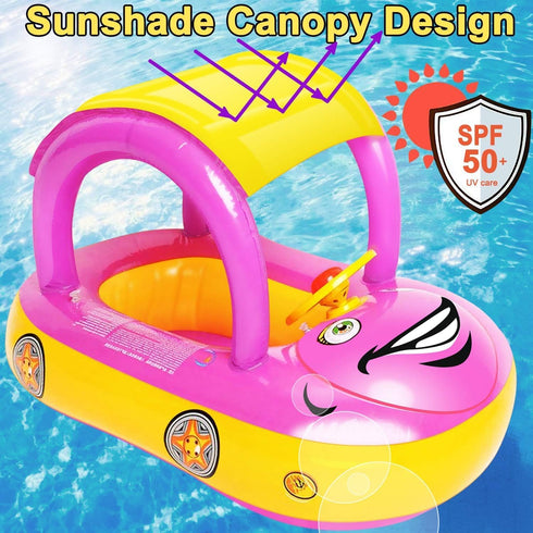 iGeeKid Inflatable Baby Pool Float with Canopy, Safty Seat for Infant Baby Swim Float Rings Car Shaped Swimming Pool Floaties for Baby Toddler Age of 6-36 Months (Pink) by iGeeKid