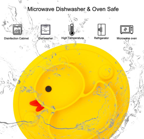 Linowos Silicone Divided Toddler Plates - Portable Non-Slip Suction Plates for Children, BPA Free (Duck-Yellow)