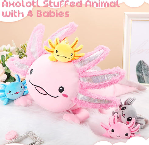 5 Set 24 Inch Mommy 4 Aoriher Pcs Axolotl Plush Axolotl Stuffed Animal with Cute Plush Babies in Belly Soft Cuddly