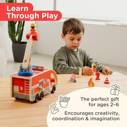 Set 3 2+ Nene Toys Wooden Fire Truck Toy FSC Fire Engine with Rotating Ladder, Magnetic Hose, Hydrant, Firefighters