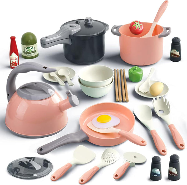 Bruvoalon 32Pcs Kids Play Kitchen Toys Set, Pretend Cooking Playset with Pots, Pans, Utensils, Foods