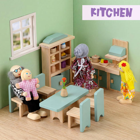35 Set 8 1:12 Sumind Pcs Wooden Dollhouse Furniture with Family Figures, Scale Miniature Dolls House Accessories