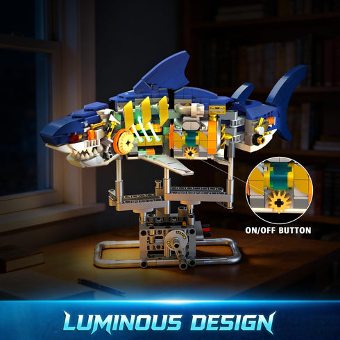 Set 687 12+ INSOON Mechanical Shark Building with LED Light, PCS Movable Ocean Animal with Display Stand, Sea Fish