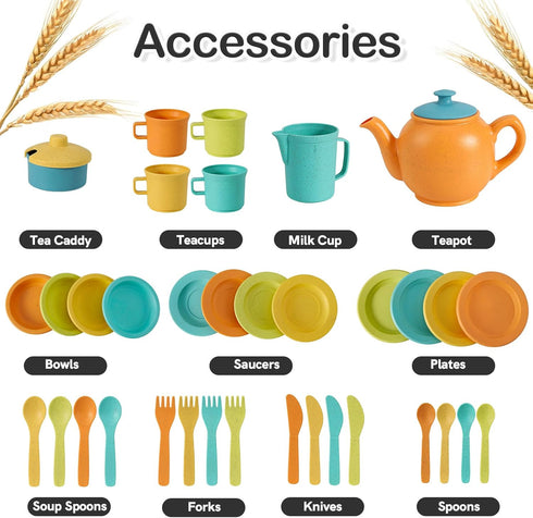 BUYGER Kids Play Kitchen Toy Accessories Tea Party Set - Cookware Utensils Dishes for Little Girls Ages 3-5