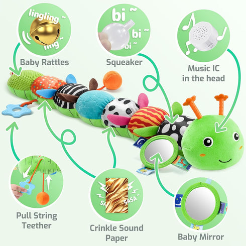 0-6 6-12 Toys,Tummy 0-3-6-12 Sumobaby Baby Toys Months, Music Caterpillar Plush Toy with Baby Mirror, Pull