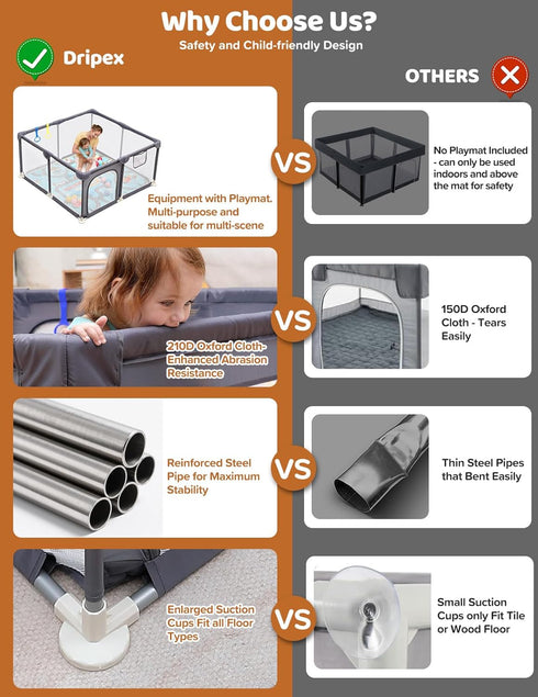 47"x47" 6-12 Dripex Baby Playpen with Mat Small Play Yard for Babies Months, Breathable Mesh & Waterproof Non-Slip Pad