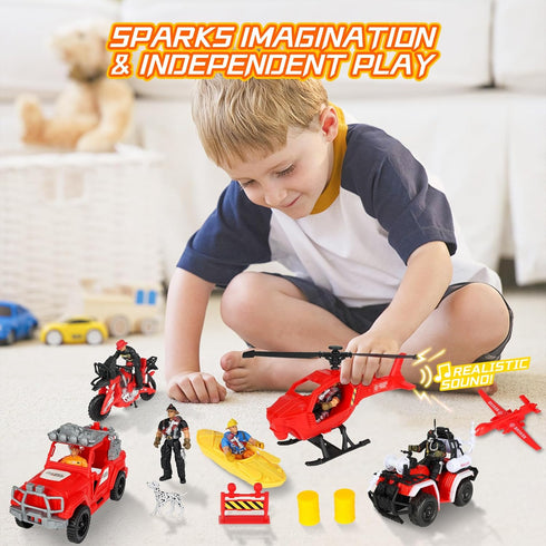 Playset, Kids Firefighter Action Figures Fireman Figures Toys with Tools, Red Fire Trucks, Army Vehicles, Helicopter