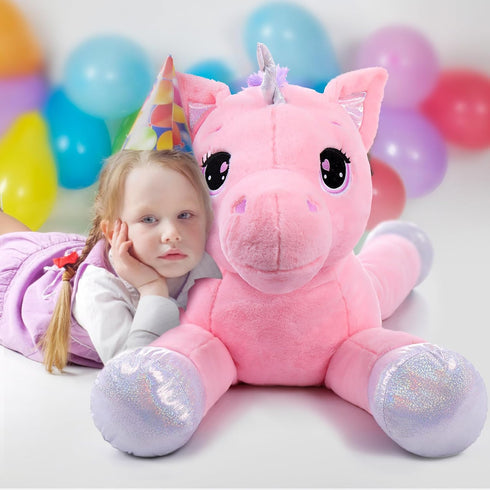 Big Unicorn Stuffed Animal Toys - Soft Pink Plush Pillow for Girls, 43"