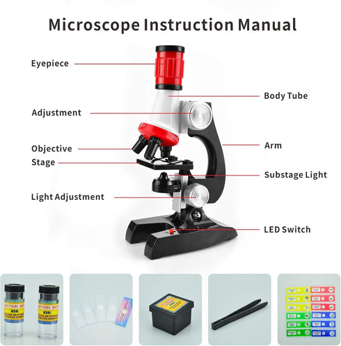 Science Kits for Kids Beginner Microscope with LED, 100X 400X and 1200X, Include Sample Prepared Slides