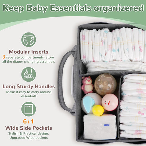 Volnamal Diaper Caddy with Wipe Dispenser One-Handed Access, Premium Diaper Organizer, Portable Car Organizer Nursery