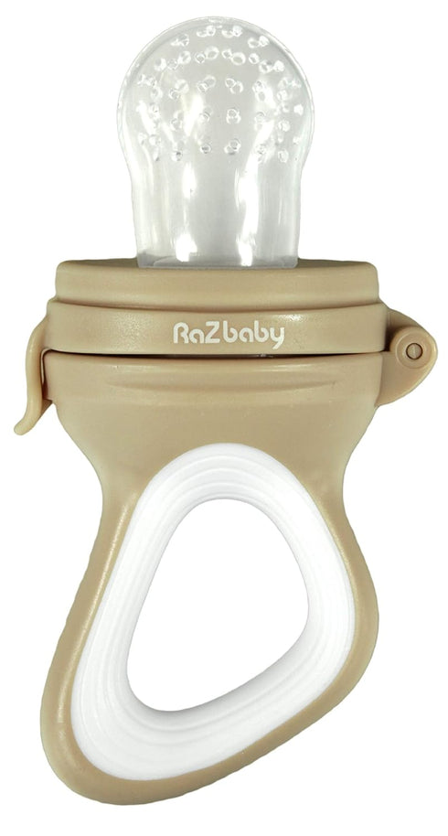 RaZbaby Baby Fruit Feeder Pacifier - Silicone Teething Toy for Infants 6M+, BPA Free, Tan, Add Frozen or Fresh Food