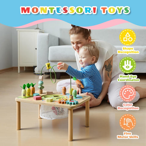 6 1 1st WINGYZ Activity Table, in Wooden Montessori Activity Center with Bead Maze Shape Sorter Fishing Game, Kids