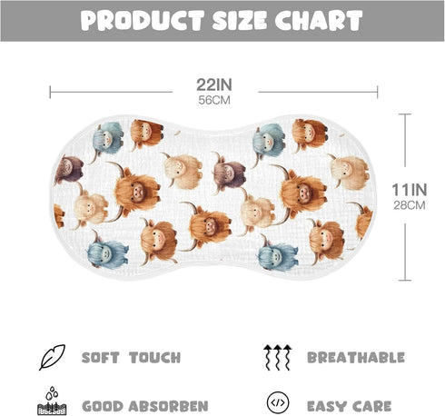 KEIGE 2Pcs Girls,11x22in,A110858 Cute Highland Cow Pattern Burp Cloth,Unisex Large Absorbent Soft Cotton Muslin Burping