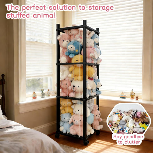 Wooden Stuffed Animal Zoo Storage - Sturdy Solid Wood Toy Organizer with Lockable Wheels, Easy-Assemble/Clean, Large