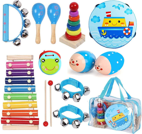 Kids Musical Instruments Set, 12pcs Wooden Percussion Toys, Tambourine & Xylophone for Early Learning (Blue)