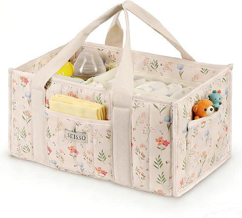 SEISSO Diaper Caddy Organizer with Handle, Portable Baby Gift Basket, Floral Diaper