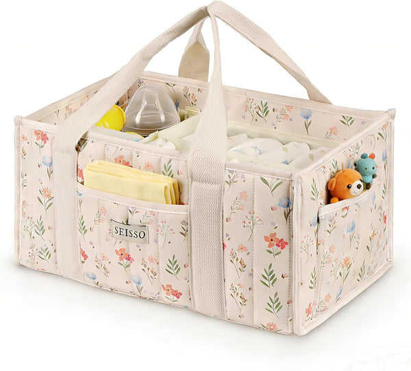 SEISSO Diaper Caddy Organizer with Handle, Portable Baby Gift Basket, Floral Diaper