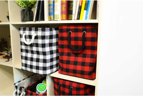 Large Rectangular Foldable Storage Baskets, Cotton Rope Handles, Soft Felt Fabric Bins, Red Black Grid