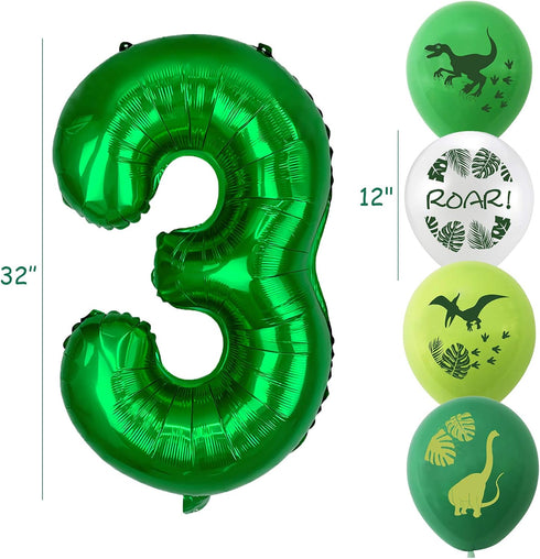 Large Dinosaur Foil Balloons and Happy Birthday Banner - Number 3 Balloon for 3rd Birthday Party Decorations