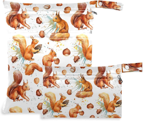visesunny Cute Squirrel Hazelnut 2Pcs Diaper Changing Totes Wet Bags with Zippered Pockets