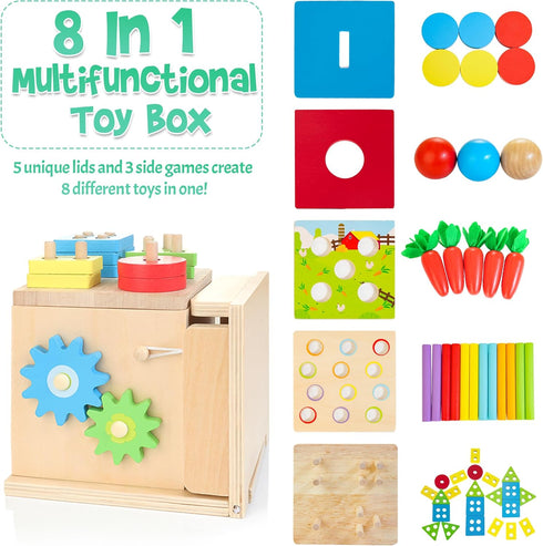 Wooden Montessori Baby Toys, 8-in-1 Wooden Play Kit Includes Object Permanent Box, Coin Box, Carrot Harvest, Shape Sorting & Stacking - Christmas Birthday Gift for Boys Girls Toddlers