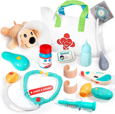 Veterinarian Kit for Kids, Pretend Play Doctor Set with Dog Toy and Tote Bag for Ages 3+