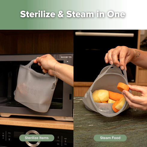 40oz/1250ml Grey/2PCS Haakaa On-The-Go Silicone Microwave Steam Sterilizer Bags for Travel, Reusable Silicone Steaming