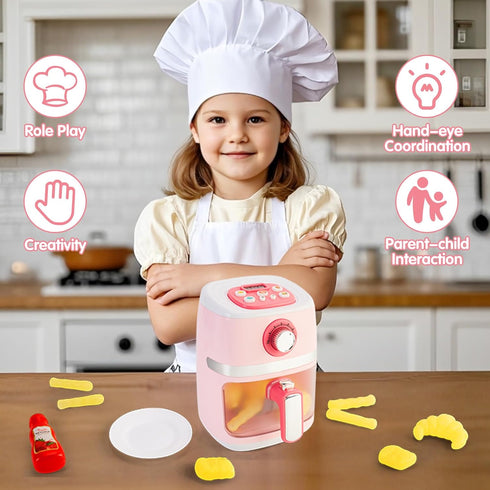 Set 3-5 4-8,Pink Play Kitchen Accessories, Pretend Kitchen Appliances with Toy Air Fryer for Kids with Sound