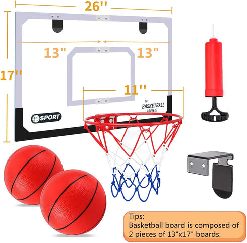 Upgrade Basketball Hoop Set - Extra Large 26" x 17" Pro Indoor Hoop for Door & Wall, Includes 2 Balls and Complete