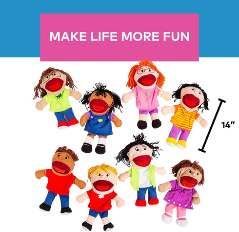 8 14 Inch Fun Express Hand Puppets for Kids - Multicultural Plush Puppets with Movable Mouths for Speech Therapy