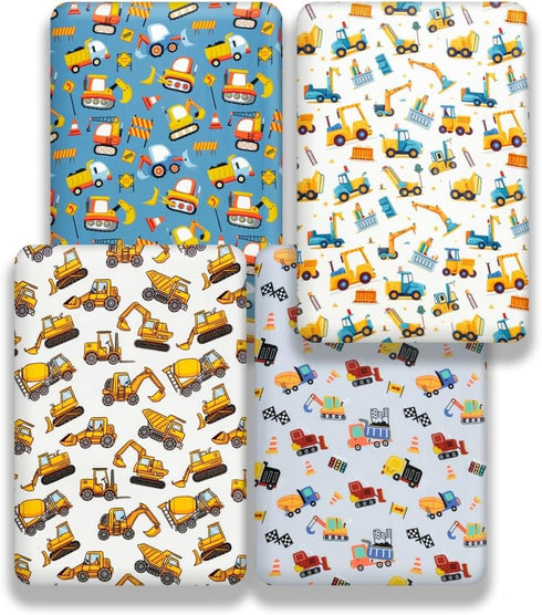 FIGEPO 4 Pack Set Baby Boy Crib Sheets Soft Fitted Baby Boy Mattress Covers Construction Truck or Dinosaur Theme