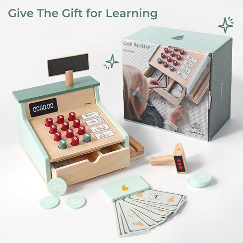 PairPear Wooden Toy Cash Register with Scanner and Credit Card, Kids Pretend Play Money Counting Toy for Boys Girls 3+