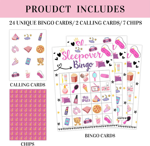 Sleepover Party Bingo Game, 24 Player Pajama Bingo Cards Set for Family Activity, Sleepover Party Supplies