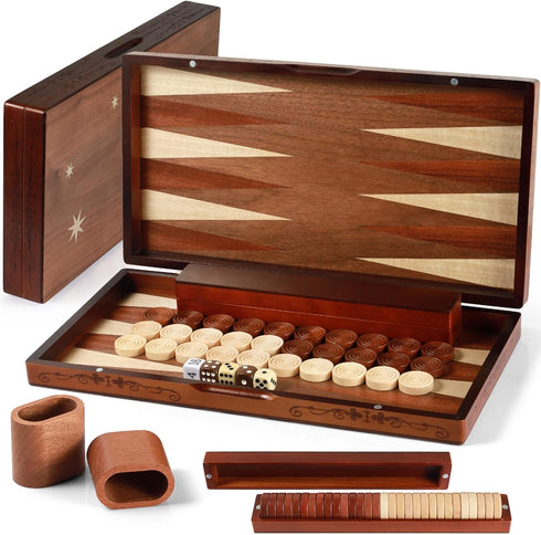 Syrace Handcrafted Wooden Backgammon Set - 16x15.3inch, Oversized Pieces, Intricate Carvings, Premium Travel