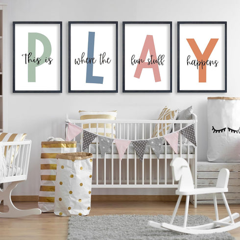 TQianJiang 4 11"16" Playroom Wall Art for Kids Piece PLAY Letter Prints with This is Where the Fun Stuff Happens Quote