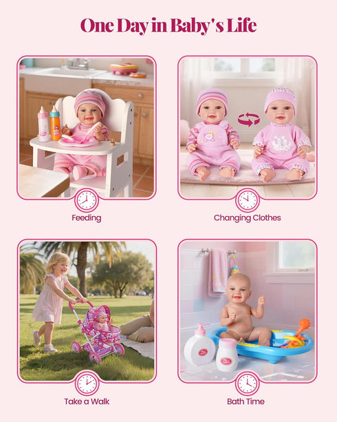 Set 12 Inch 14 Set, 3yrs+ BABESIDE Baby Doll Stroller with Baby Doll, Pcs Baby Doll Accessories, Folding Doll Pram