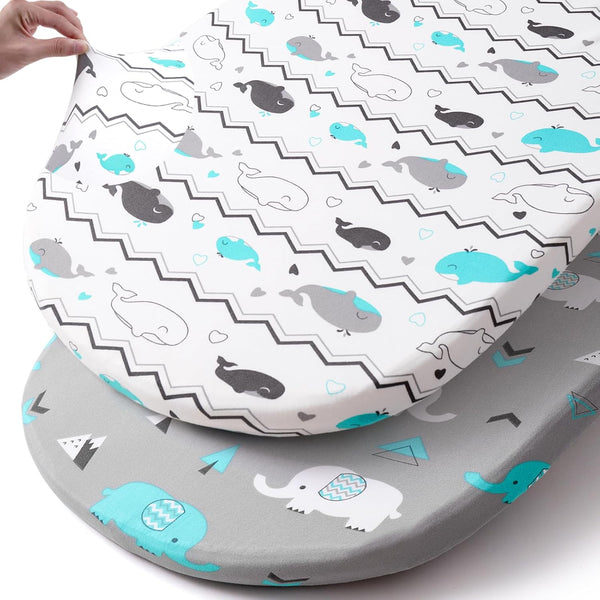 Stretch Fitted Bassinet Sheet Set BROLEX, 2 Pack Cradle Sheets for Bassinet Pad, Unisex Elephant Whale