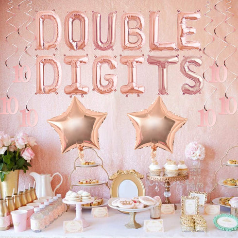 10th Birthday Decoration Girl, Rose Gold Double Digits 10 Birthday Decorations with Balloons and Cake Topper