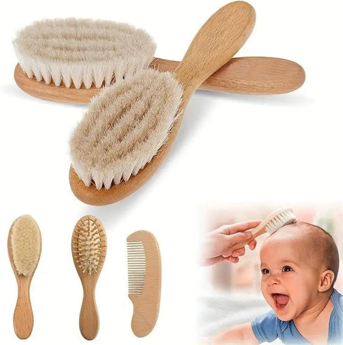 POLICK 2pcs Baby Care Hair Brush Beech Soft Wool Wood Comb Newborn Massager Comb Baby Shower and Gift Baby Sleeping