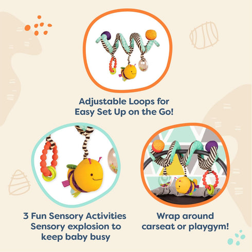 B. toys Wiggle Wrap Baby Toy, Spiral with 3 Hanging Toys for Car Seat, Stroller, Crib - Rattle, Plush Bee & Teether