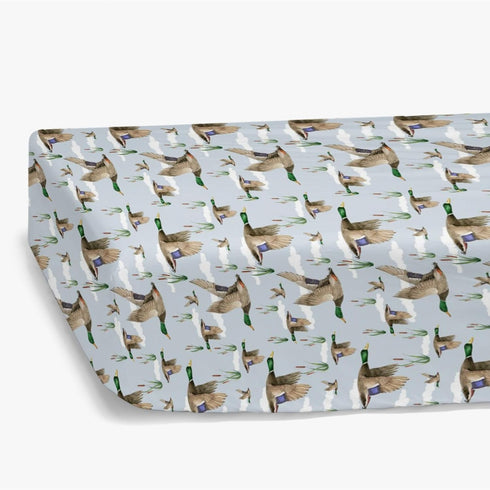 52" 28" HawSkgFub Duck Hunting Mallard Hunter Fitted Standard Crib Sheet for Baby Boy, Wild Animal Bird Reeds Blue