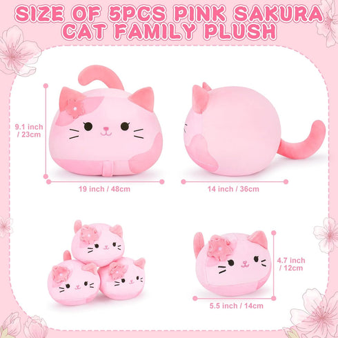 5 Family-19" Mommy 4 PCS Pink Sakura Cat Plush Stuffed Animal Soft Pink Sakura Cat Plush, Large Plushies with Baby
