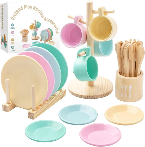 GAGAKU Kids Wooden Play Dishes Set -27Pcs Montessori Play Kitchen Accessories Plates