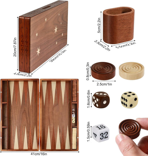 Syrace Backgammon Set, 16" Handcrafted Wooden Large Size, Classic Two-Player Strategy Board Premium Travel Game Board
