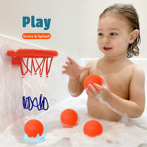Bath Toys – Bathtub Basketball Hoop for Toddlers, 4 No-Hole Balls & Strong Suction Cups, Fun Bath Toy