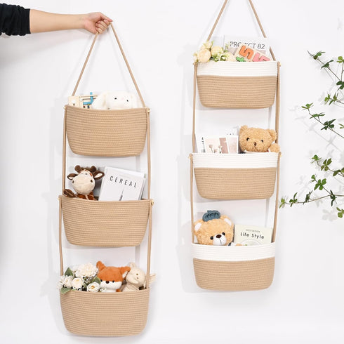 3-Tier 4 Hanging Basket, Wall Baskets, Over the Door Organizer with Hooks, Hanging Baskets for Organizing, Woven