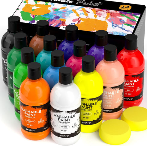 Nicpro 14 Colors Large Washable Paint Set for Kids, 500 ml, Non-Toxic Acrylic Bulk Paint Supplies for Art & Craft